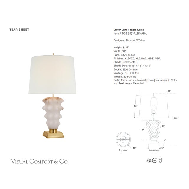 Thomas O'Brien by Visual Comfort Signature Luxor Large Table Lamp in Alabaster and Hand-Rubbed Antique Brass with Linen...