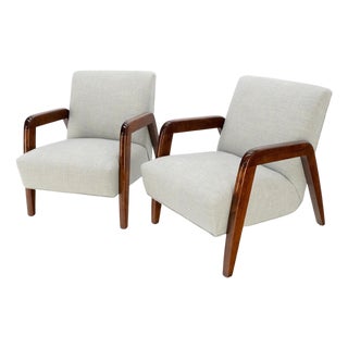 Pair New Linen Upholstery Heavy Solid Maple Frames American Lounge Chairs Mint! For Sale