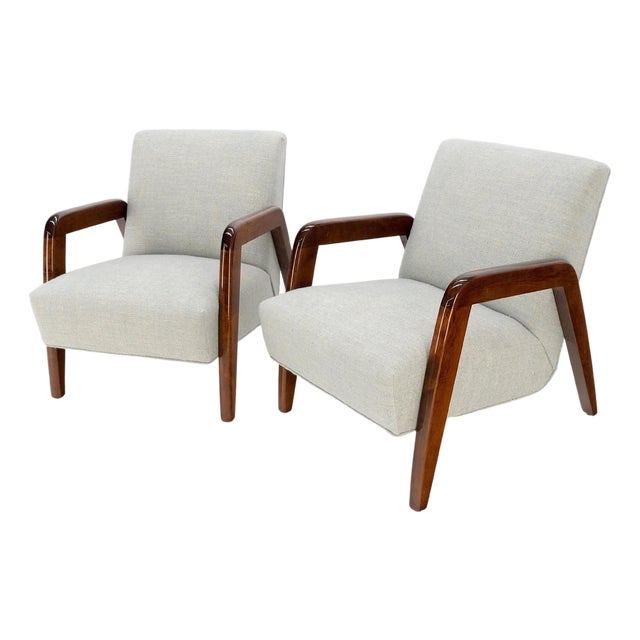 Pair New Linen Upholstery Heavy Solid Maple Frames American Lounge Chairs Mint! For Sale