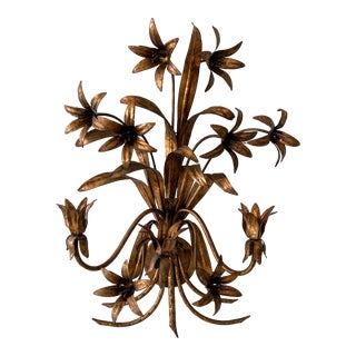 1960s Italian Mid Century Gilt Tole Lily 3-Candle Sconce For Sale
