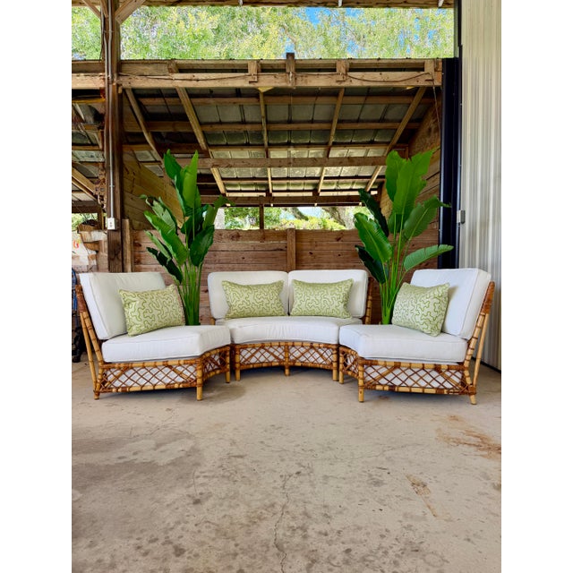 Mid-Century Rattan Three-Piece Curved Sectional Sofa With New Sunbrella For Sale - Image 11 of 12
