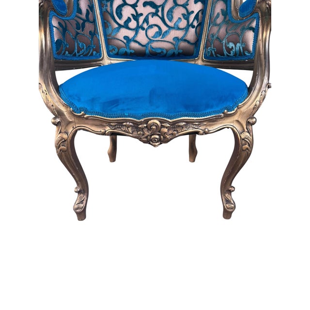 Antique French Louis XV Style Carved & Painted Bergere Giltwood Chairs Newly Reupholstered in a Teal Velvet with a...