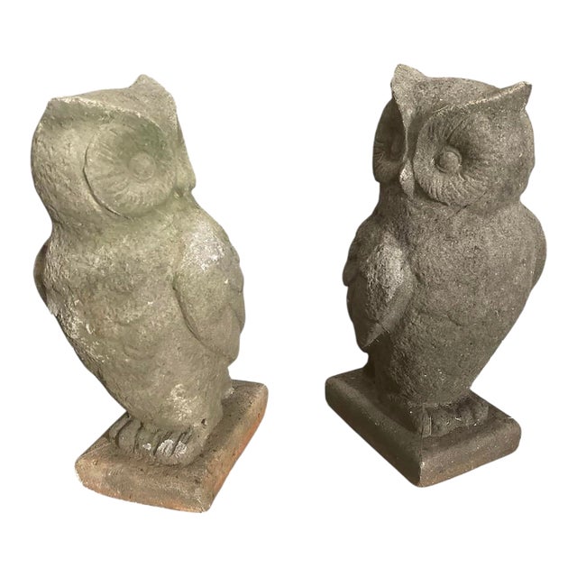 A Pair of a Vintage Cast Stone Garden Owl Statues For Sale
