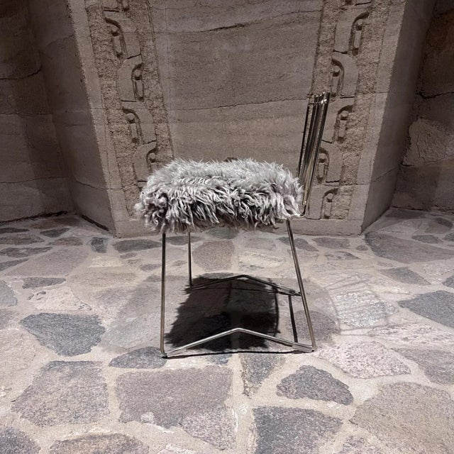 Late 20th Century Folding Brass Side Chair Furry Gray Faux Lambskin For Sale - Image 5 of 12