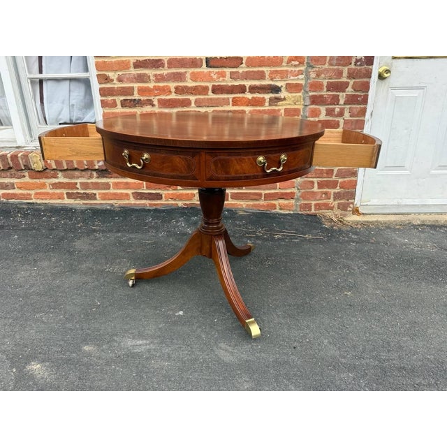 Brown Late 20th Century Baker Furniture Federal Style Inlaid Mahogany Two-Drawer Pedestal Base Drum Table Side Table For Sale - Image 8 of 17