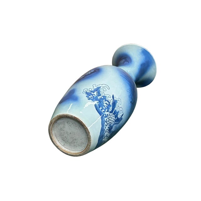 Pair Deep Blue Dragon Koi Fish Graphic Tall Porcelain Art Vases For Sale - Image 4 of 13