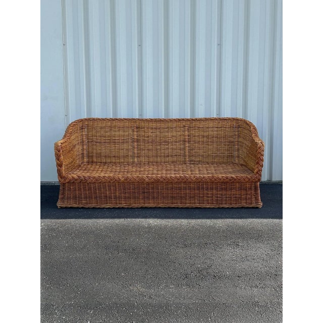 Bielecky Brothers Coastal Vintage Rattan Sofa With Braided Wicker Trim For Sale - Image 4 of 18