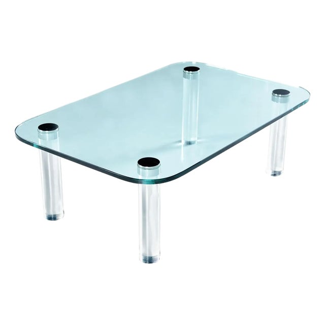 Pace Collection Rectangular Glass Coffee Table With Lucite Legs and Chrome Accent For Sale