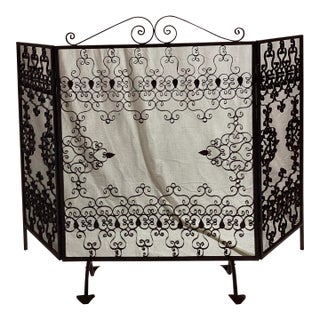 1950s Black Wrought Iron 3 Panel Fireplace Screen With Scroll Work and Leaves For Sale