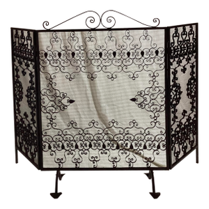1950s Black Wrought Iron 3 Panel Fireplace Screen With Scroll Work and Leaves