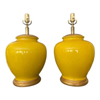 1950s Japanese Asian Bright Yellow Porcelain Table Lamps - a Pair For Sale