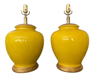 1950s Japanese Asian Bright Yellow Porcelain Table Lamps - a Pair