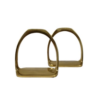 1980s Vintage Hermes Style Horse Stirrup Brass Bookends-A Pair For Sale