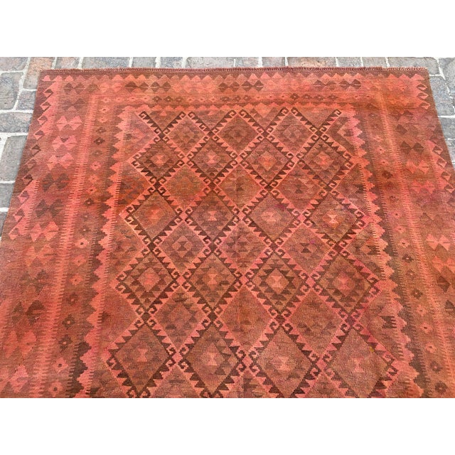 Vintage Overdyed Kilim Area Rug, Handwoven Wool, 6x10, Coral For Sale - Image 6 of 12