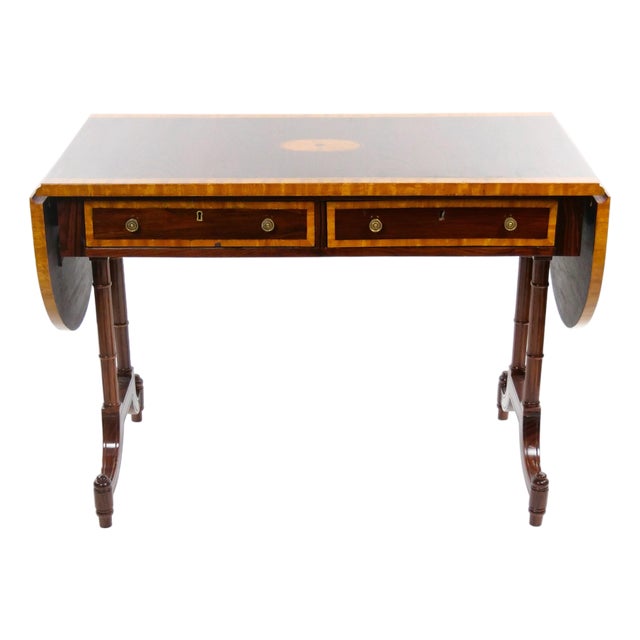 English Mahogany Drop-Leaf Console Table / Inlaid Decoration, Mid 19th Century For Sale