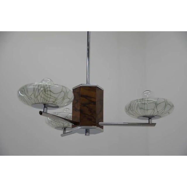 Restored: Walnut with new shellac. Chrome polished. Rewired: 3x60W, E25-E27 bulbs US wiring compatible. Wear consistent...