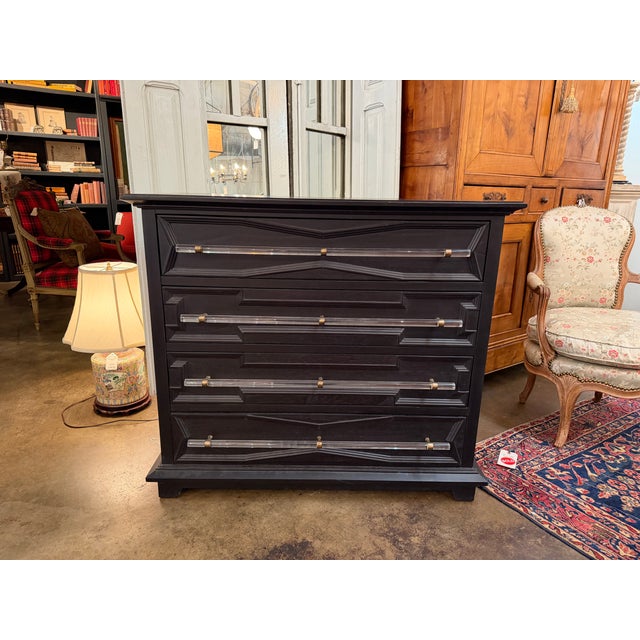 An ultra-chic, high-end contemporary Gabby Home "Hazel" four-drawer chest. Fusing structural geometry with luxury...