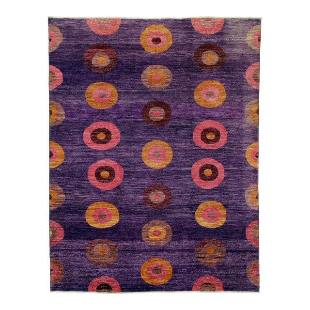 9 X 12 Modern Purple Hand-Knotted Wool Rug With Pop Art Design For Sale