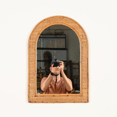 Wood French Riviera Style Arch Mirror in Bamboo and Woven Wicker, Italy, 1970s For Sale - Image 7 of 11