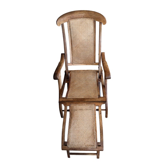 Tan French Cruise Liner Deck of Lounge Chair of Teak and Cane For Sale - Image 8 of 14