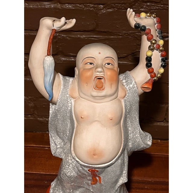 Chinese Vintage 20" Porcelain Laughing Buddha Statue Crackle Glaze Figure For Sale - Image 3 of 6