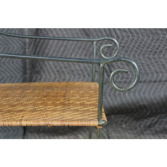 Pair Mid Century Modern Iron Wicker Patio Chairs Vintage Wrought Iron Dining Armchairs For Sale - Image 13 of 18