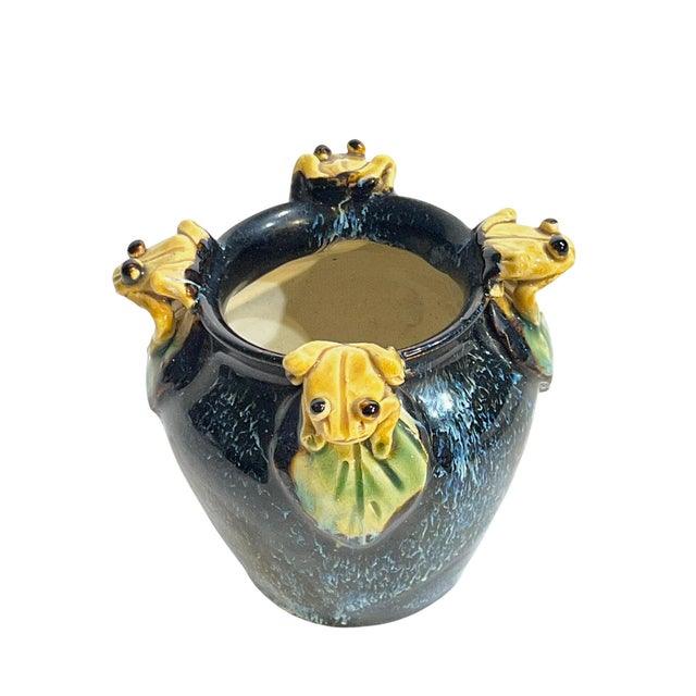 Rustic European Vintage Italian Majolica Frog-Handle Cachepot Planter | Blue Glazed Pottery Vase, 4” For Sale - Image 3 of 10