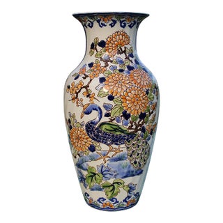 Ceramic Vase Decorated With Peacocks and Flowers Signed Gien For Sale