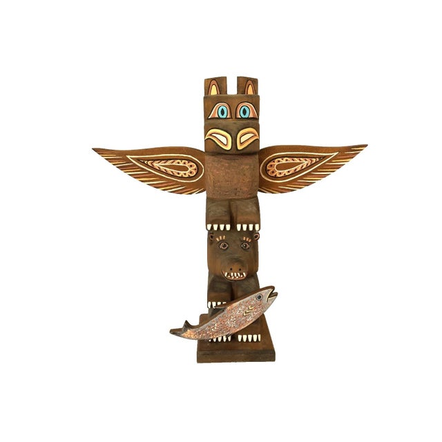 Tlinget Totem Pole Pacific Northwest Eagle Bear w Fish Hand Carved Cedar 17.75" The Tlingit are an American Indian group...