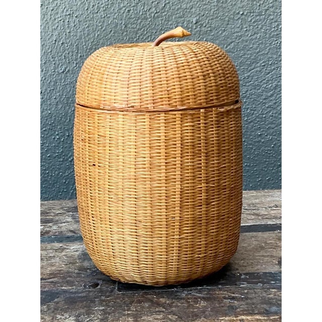 Contemporary Vintage Woven Rattan Lidded Basket For Sale - Image 3 of 12