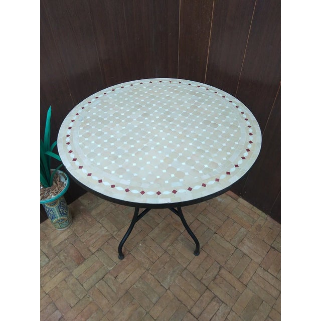 Contemporary White Round Iron Table With Mosaic Artwork For Sale - Image 6 of 8