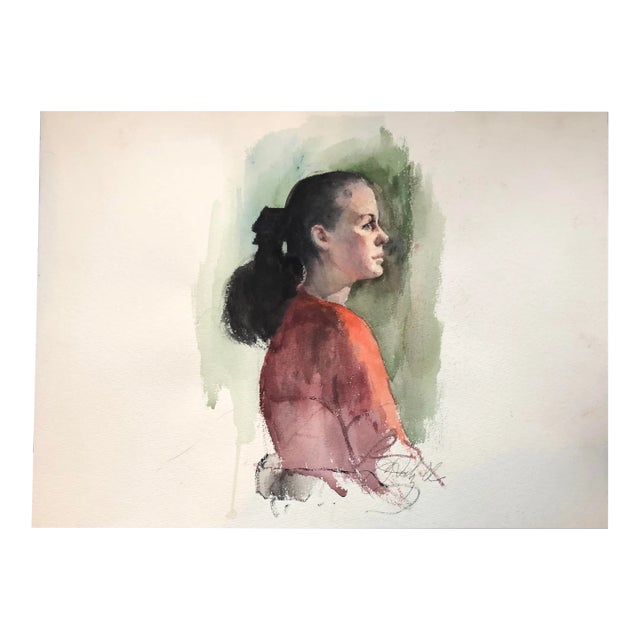 Original Vintage Watercolor Female Portrait Painting Signed 1980’s For Sale