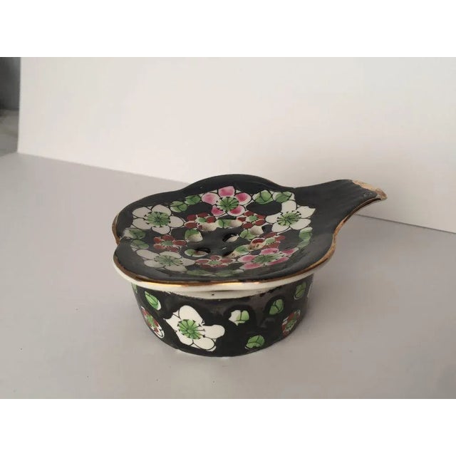 1970s Vintage Floral Porcelain Tea Strainer & Holder - 2 Piece For Sale - Image 5 of 5