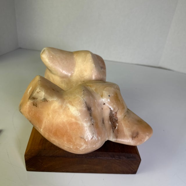 1970s Modern Rose Marble Sculpture on Wooden Base For Sale - Image 9 of 12