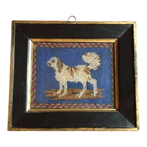 19th Century English Regency Needlework Portrait of a Dog in Original Frame