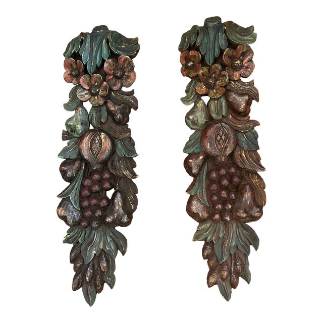 Hand Carved Wooden Vintage Wall Swags Art Sculpture -a Pair For Sale