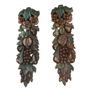Hand Carved Wooden Vintage Wall Swags Art Sculpture -a Pair