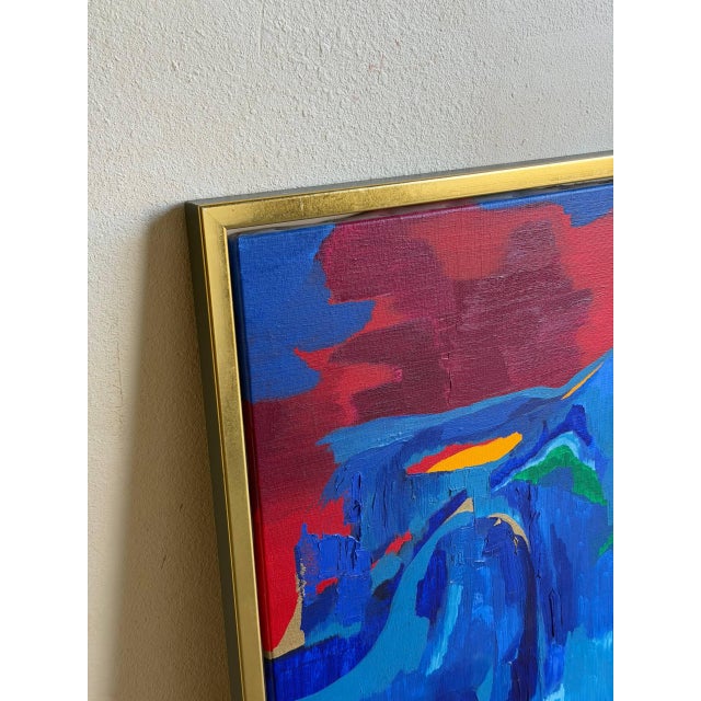 Textile Vintage Abstract Painting by Karen Werliin – Framed Modern Expressionist Artwork – Blue Red Composition For Sale - Image 7 of 8