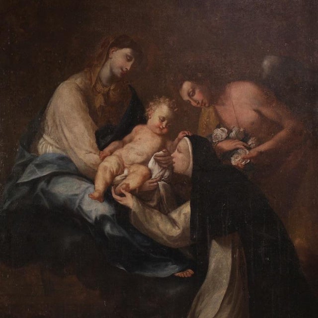 Antique Italian painting from the first half of the 18th century. Oil on canvas artwork depicting a religious subject,...