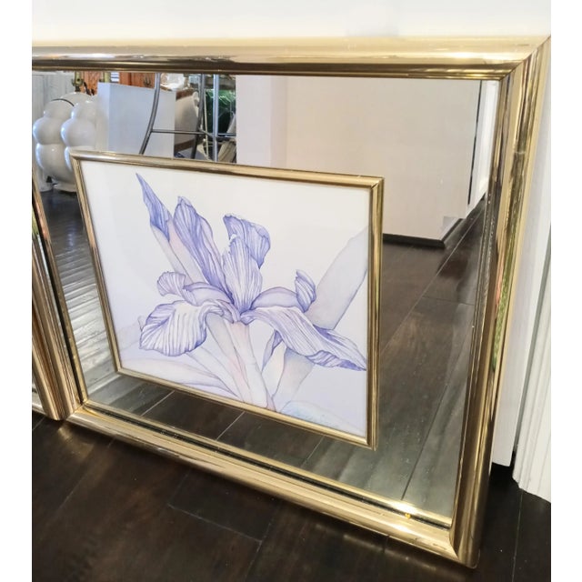 Vintage Mirrored Framed Floral Hollywood Regency Watercolor Prints Art Work- a Pair For Sale - Image 10 of 12