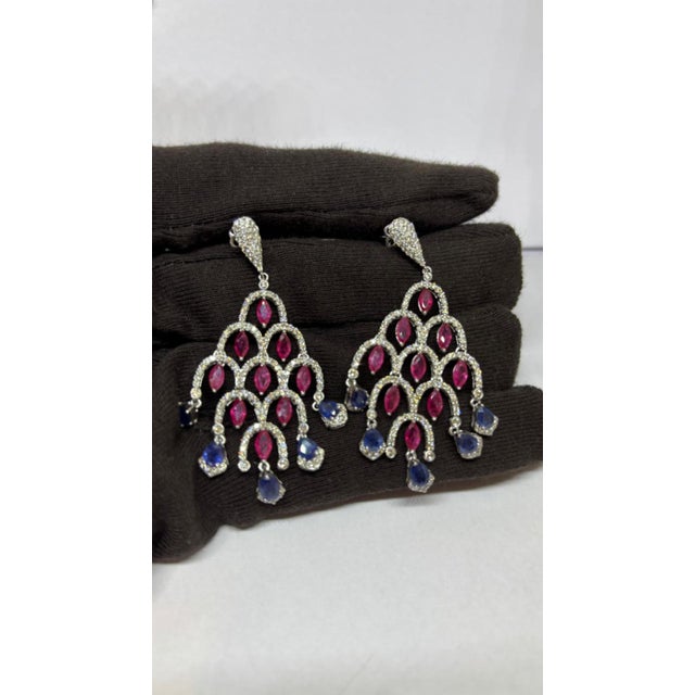 Natural Ruby 4.44cts, Sapphire 2.87cts & Diamond 3.12cts Earring in 14k Gold For Sale - Image 4 of 8