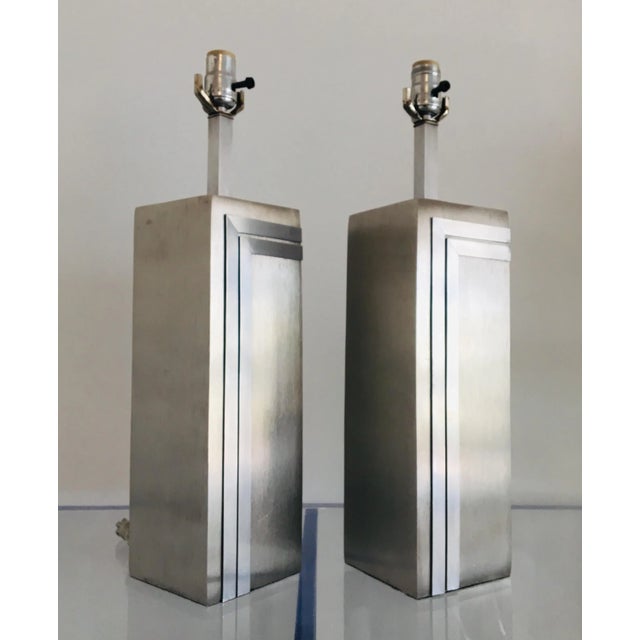 Modern 1970s Vintage Brushed Steel Pierre Cardin Lamps - a Pair For Sale - Image 3 of 12
