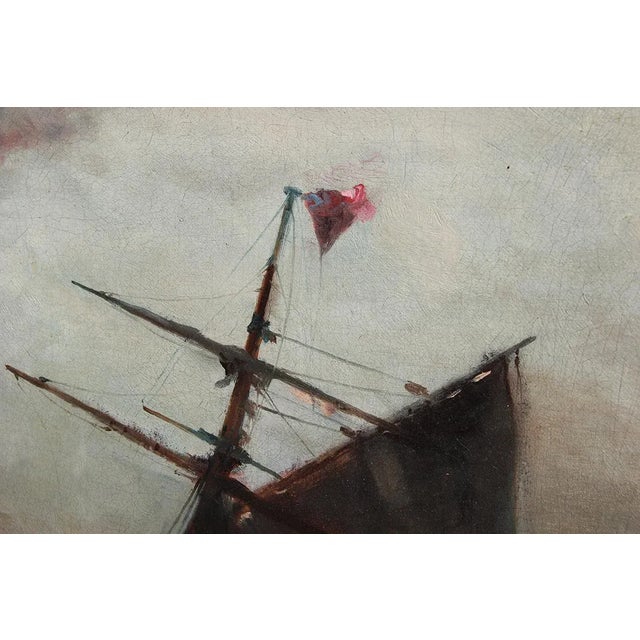 Teal Twentieth Century Blue Toned Sunset Seascape of Boat in Wavy Seas Painting For Sale - Image 8 of 10