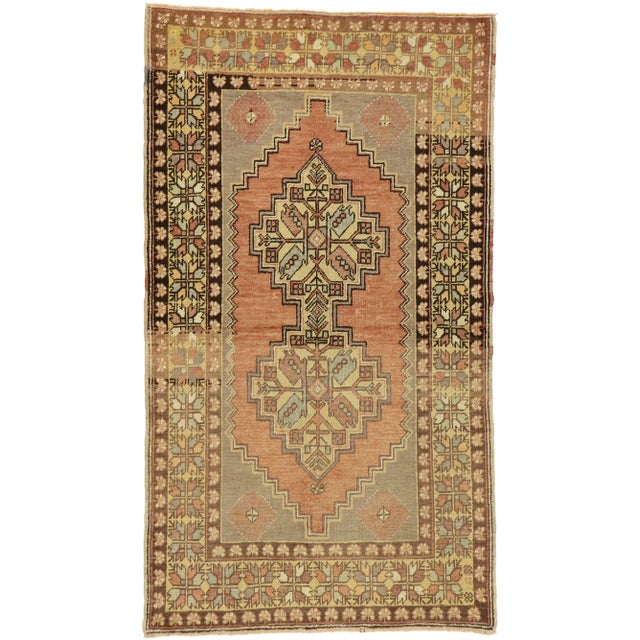 Vintage Turkish Oushak Accent Rug with Rustic Spanish Revival Style 03'07 X 06'03. Warm and inviting combined with rustic...