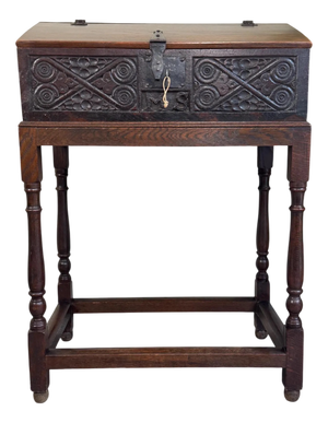 Antique Carved Oak Bible Box on Stand, Early 18th Century