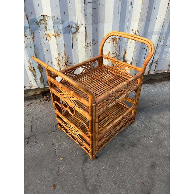 Boho Chic Mid Century Coastal Style Rattan Dry Bar/ Serving Cart. Circa 1970s For Sale - Image 3 of 12