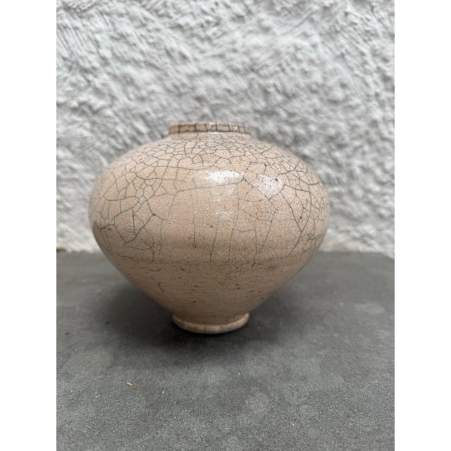 Japanese Vintage Raku Fire Vessel Crackle Glazed Ceramic Pottery Vase Signed For Sale - Image 3 of 6