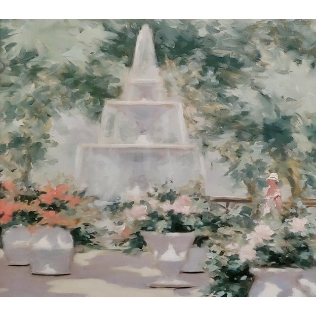 Andre Gisson -Young Woman Near the Fountain at the Park-Oil Painting For Sale - Image 4 of 11