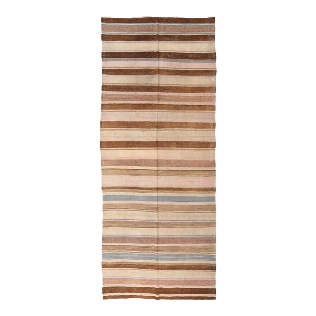 Striped Vintage Brown Kilim Rug - 4`8″ X 11`7″ Ft. For Sale