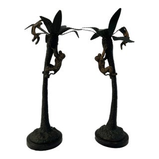 Vintage Figural Iron Palm Tree & Climbing Monkeys Candle Holder, a Pair For Sale